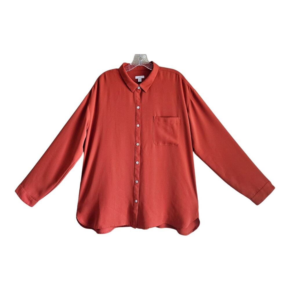 J JILL Women's XL Blouse Oversized Rust Shell Buttons Long Sleeve Chiffon 48"